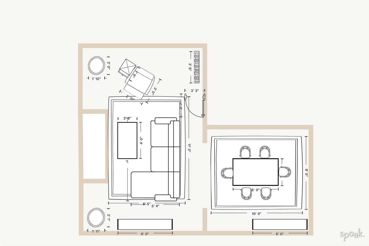 Living + Dining Room Layout designed by Amanda McKamey