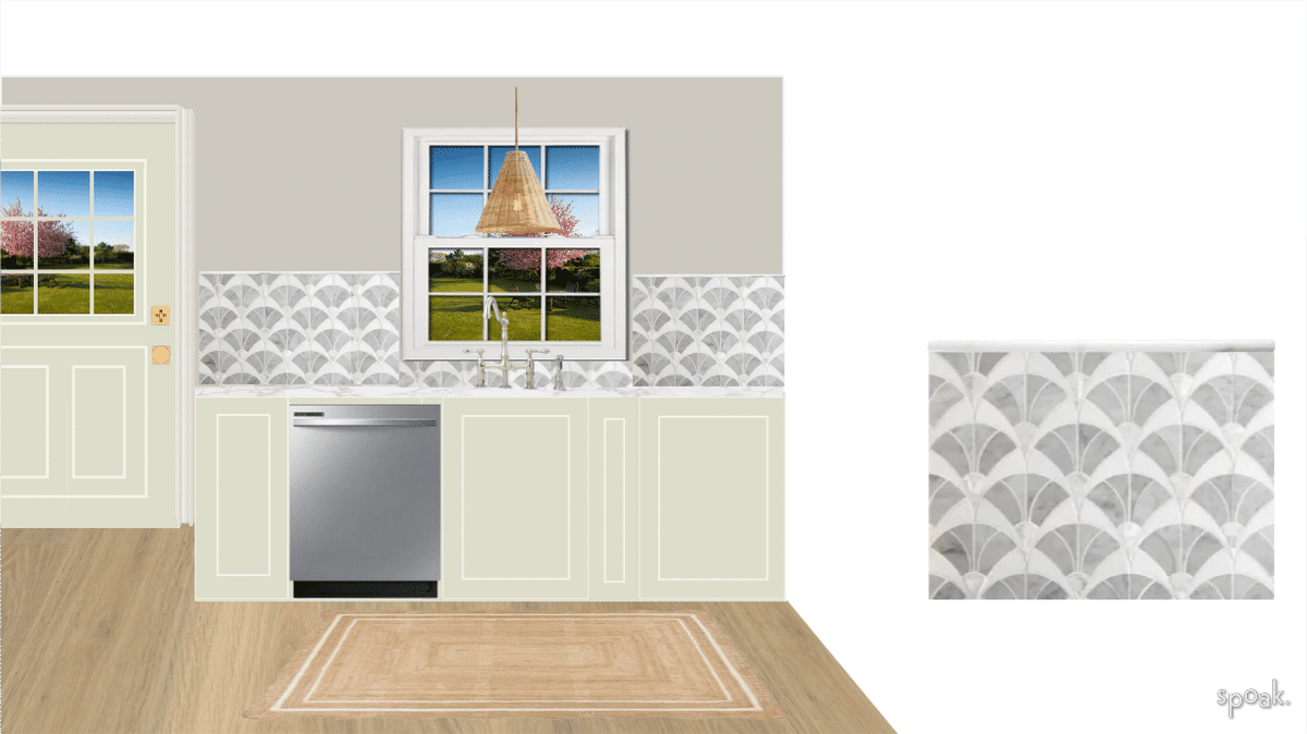 Mother of Pearl Carrera Fan Tile Backsplash + Blue Floors  (copy 7) designed by Emily Perdue