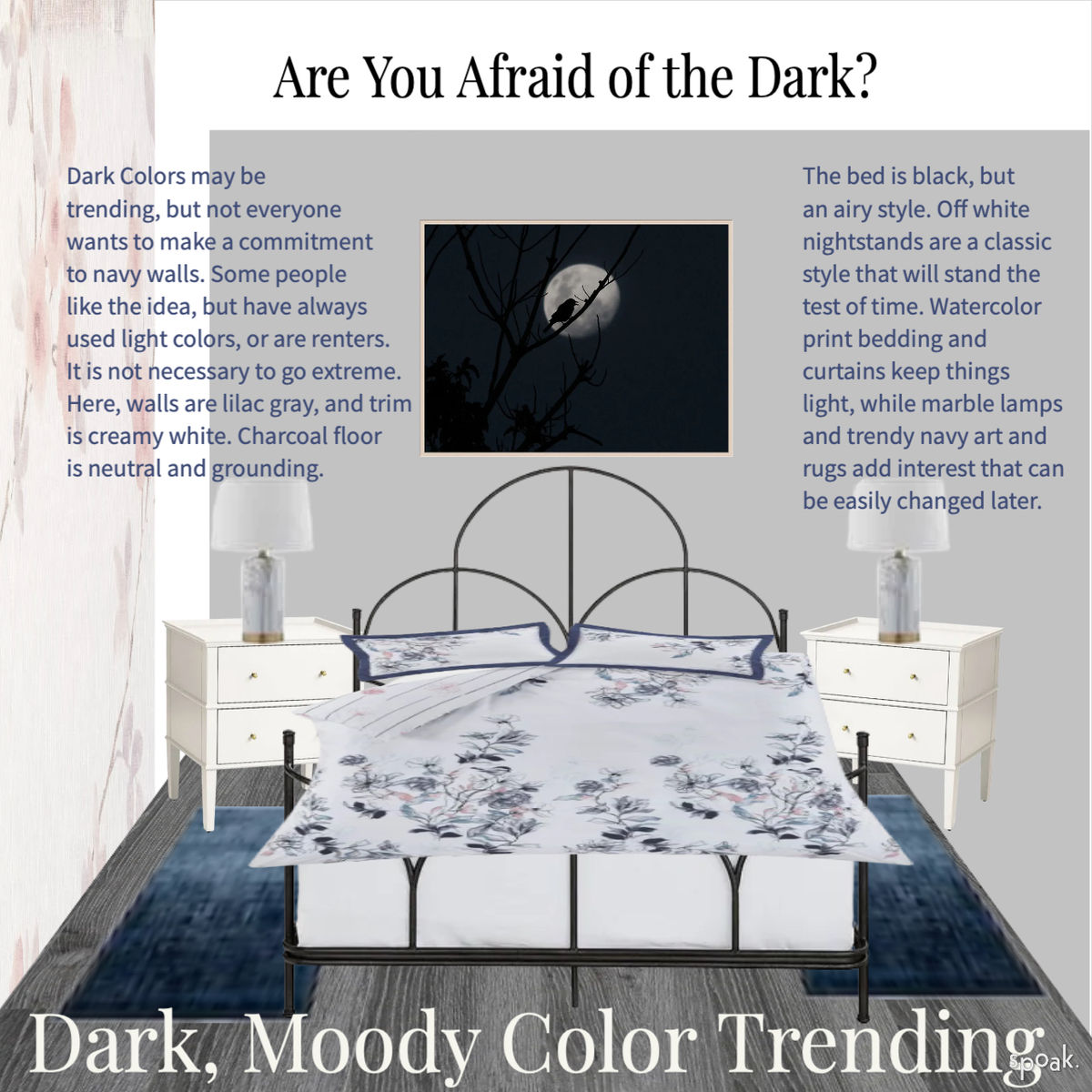 Incorporate Moody Color Trend in Light, Bright Bedroom designed by Kathryn Arms