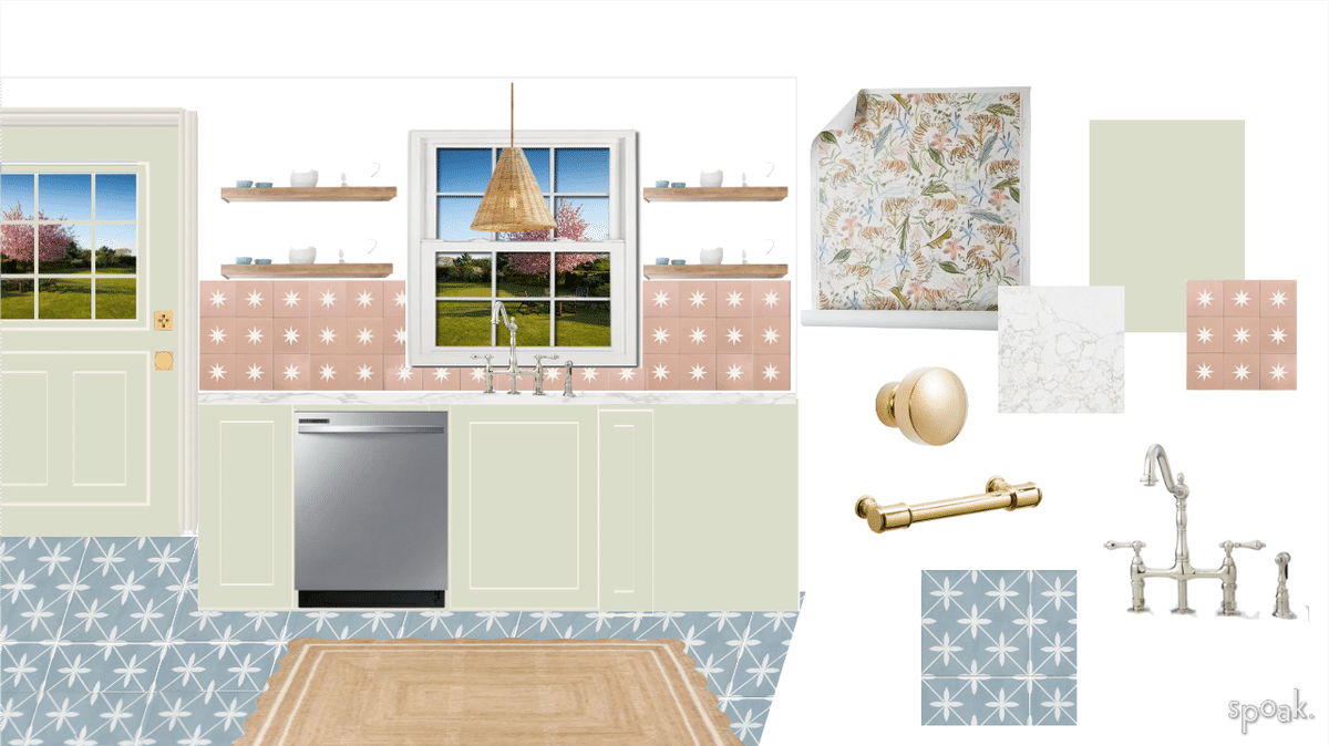 Rose Star Tile Backsplash + Blue Floors  designed by Emily Perdue