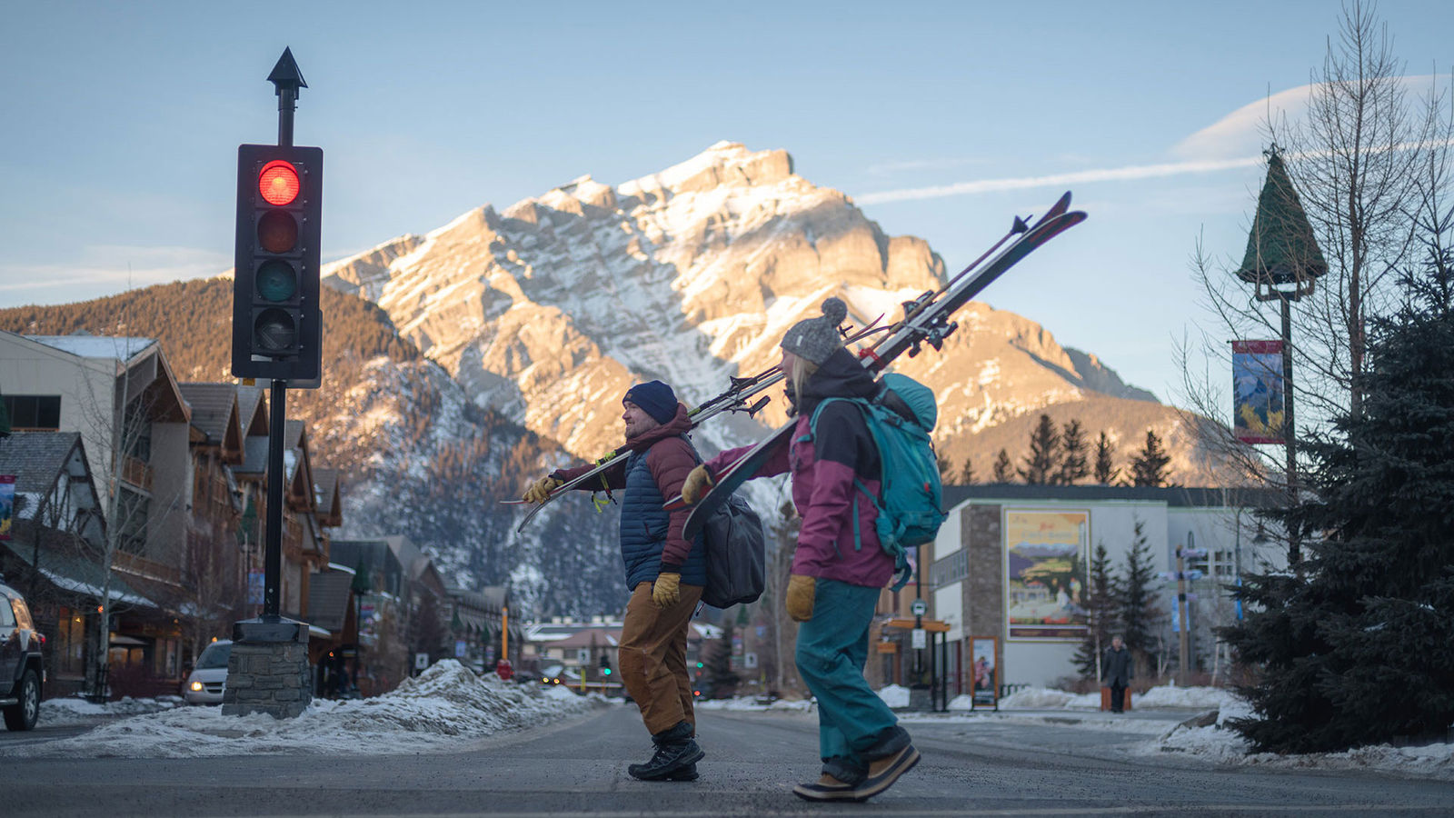 Skiers crossing Banff Ave, Banff National Park.