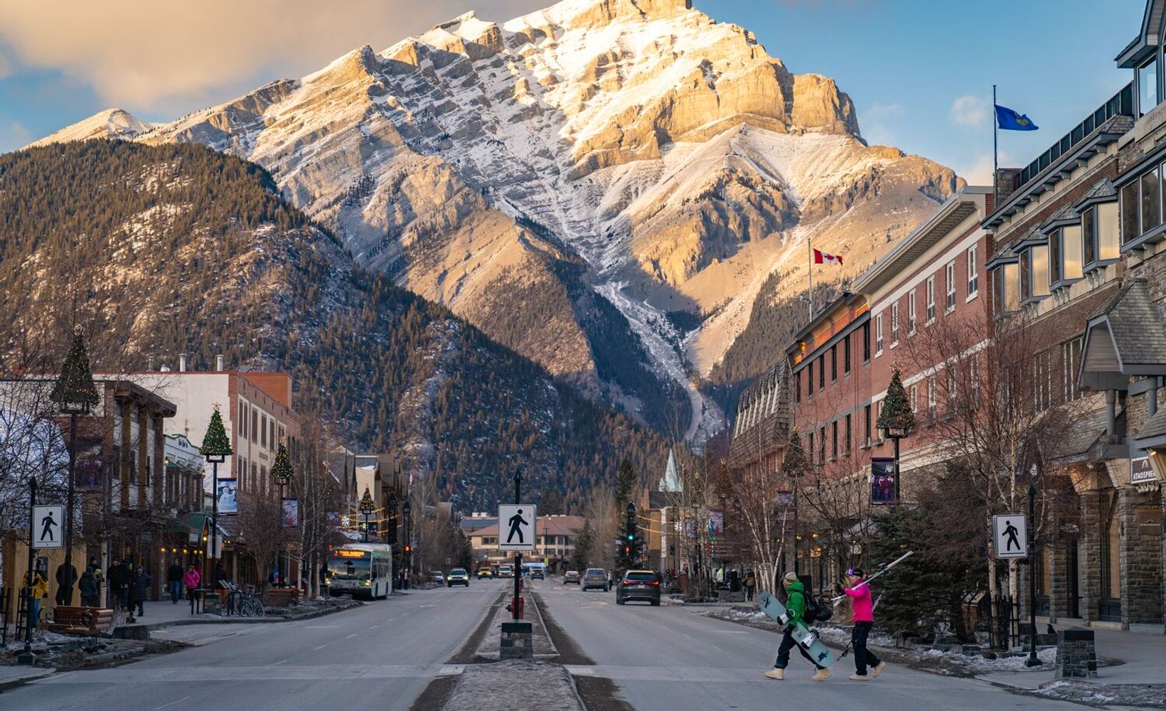 Skiers enjoying walking around the town of Banff