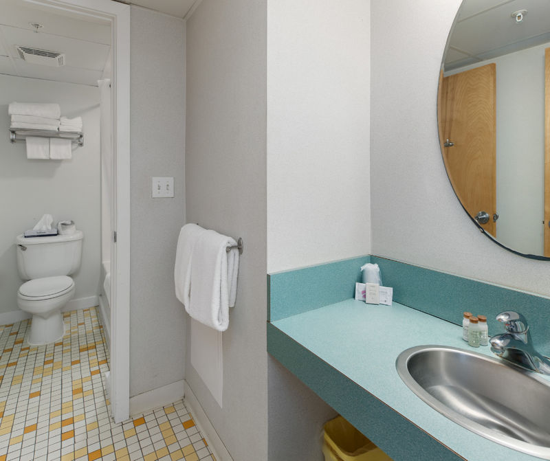 A bathroom with a toilet, sink, and mirror