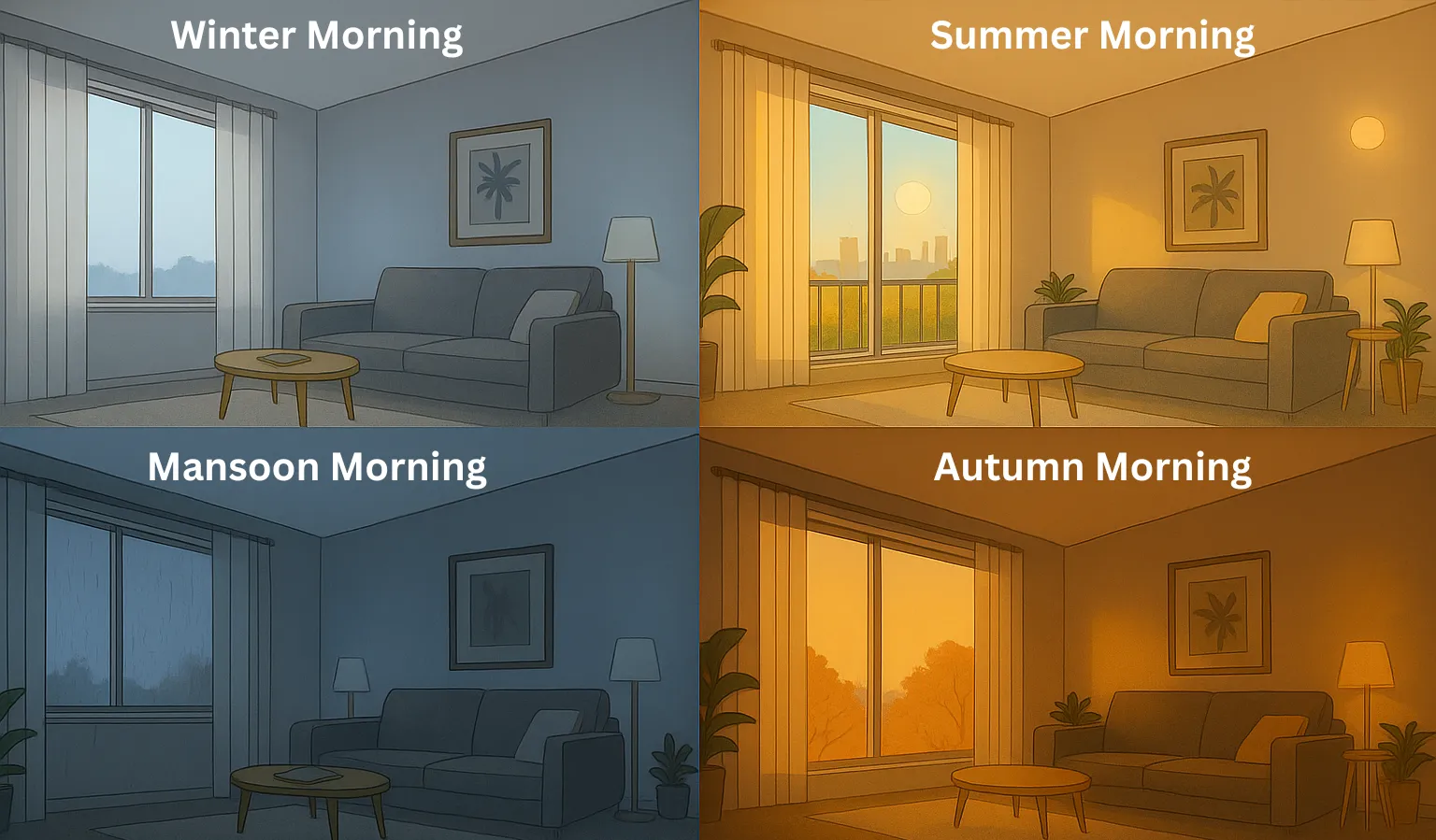 Comparison of Mumbai's seasonal light showing different times of year and lighting conditions