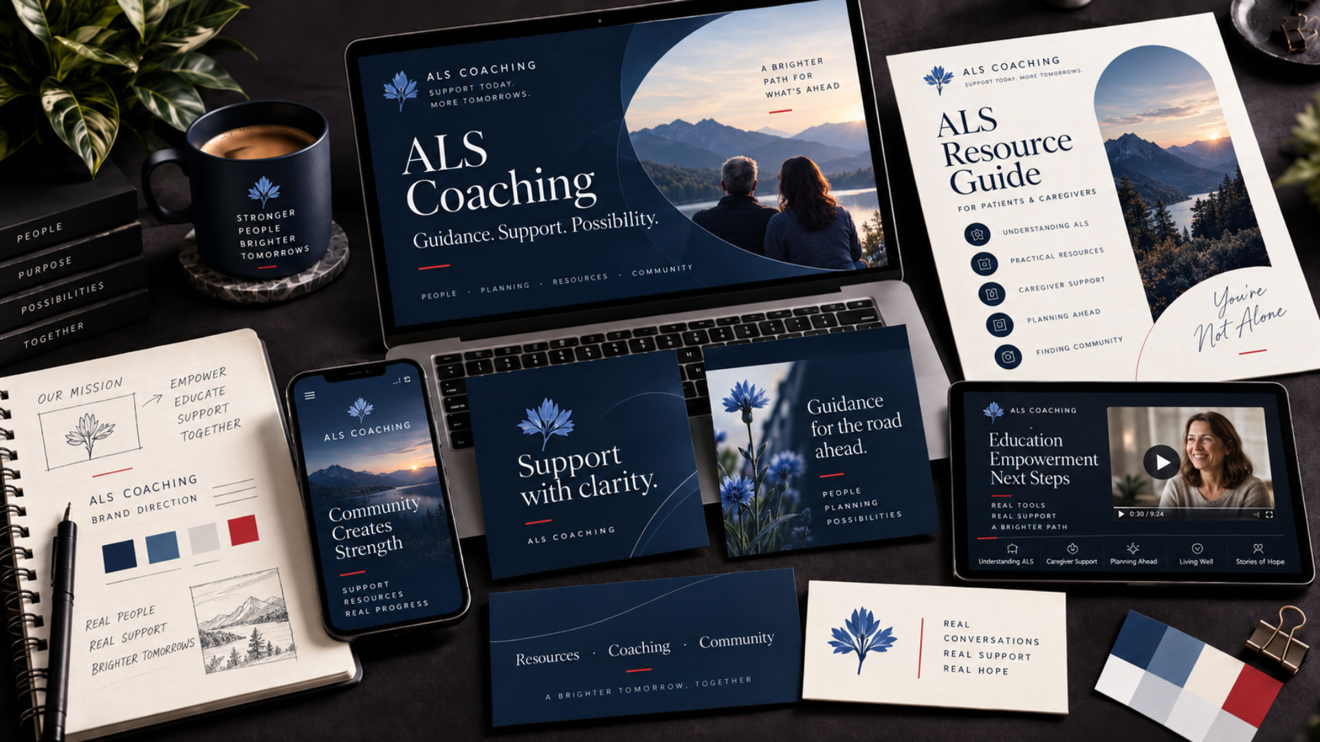 ALS coaching brand content and creative mockups showing coordinated branded materials across digital and print applications