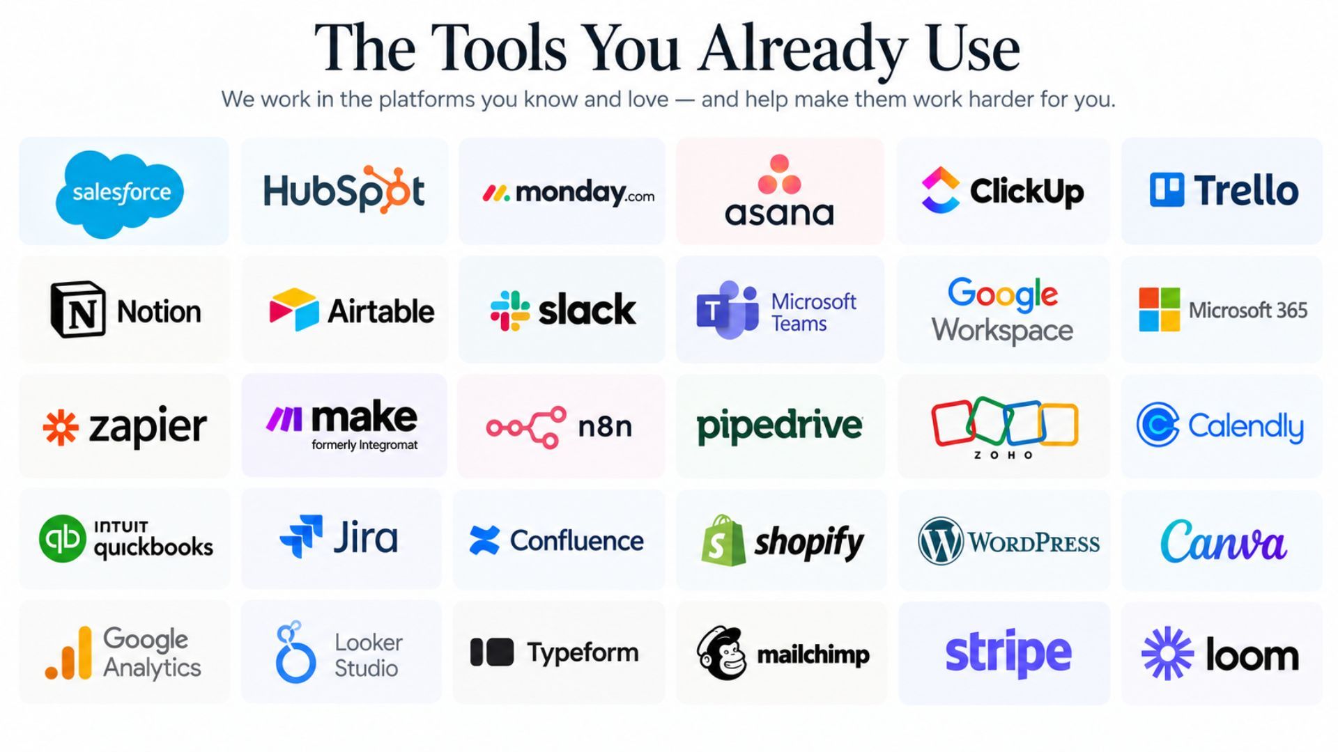 Representative collection of CRM, project management, automation, and business software tools used across operational projects