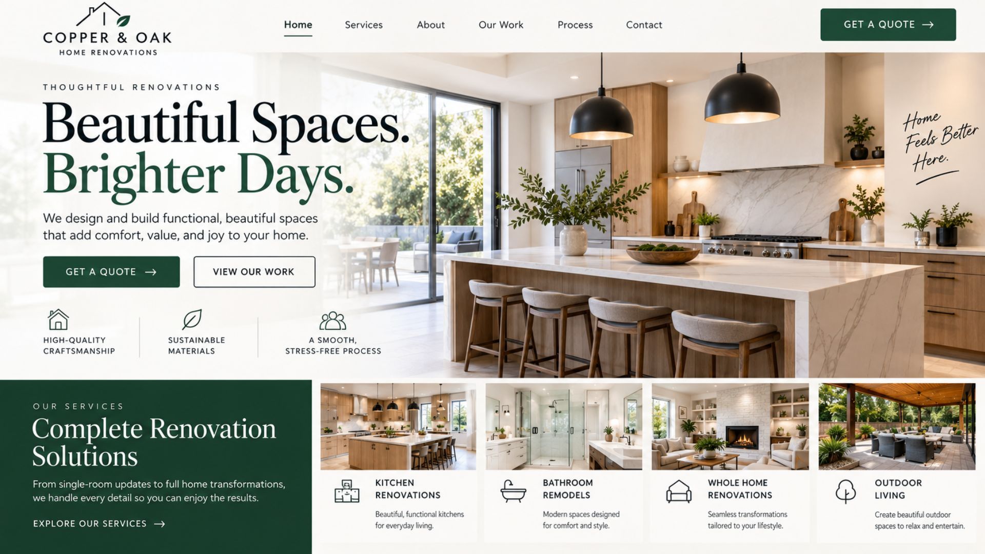 Representative custom home renovation business website showing SPX website design and digital project capability