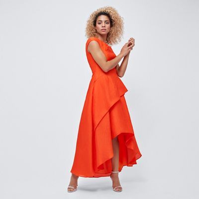 Orange Textured Hi Lo Ruffle Dress 