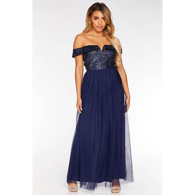 quiz navy sequin bardot maxi dress