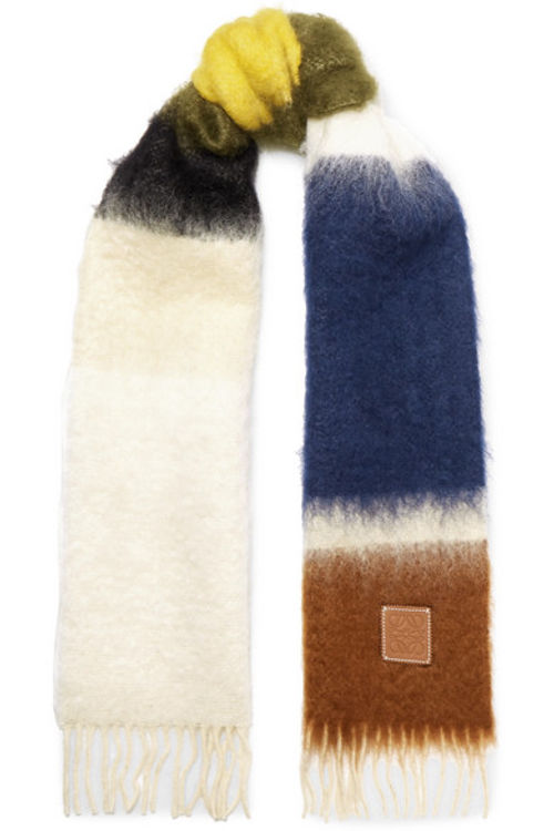 LOEWE Fringed leather-trimmed printed wool-blend scarf