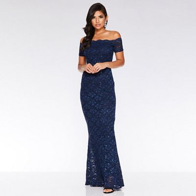 quiz navy sequin bardot fishtail maxi dress