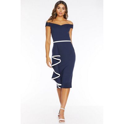 navy bardot frill midi dress