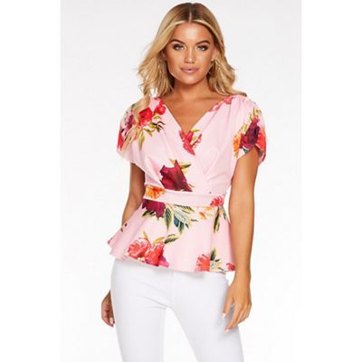 Quiz Pink and Red Floral Ruched Wrap Peplum Top - 16 - Women's - Tops |  Compare | The Oracle Reading