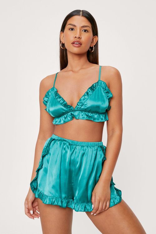 Womens Ruffle Satin Bralette and Shorts Pyjama Set - Green - 10