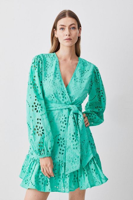 Karen Millen Cotton Broderie Wrap Mini Dress