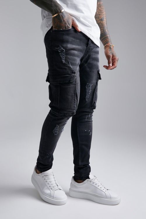Men's Super Skinny Cargo Jeans With Paint Splatter - Black - 36R, Black |  £18.00 | Closer