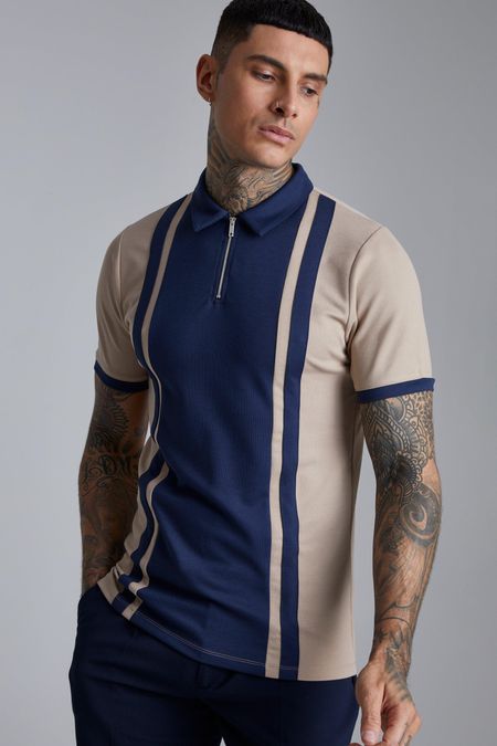 boohooMAN Long Sleeve Muscle Fit Colour Block Knit Polo