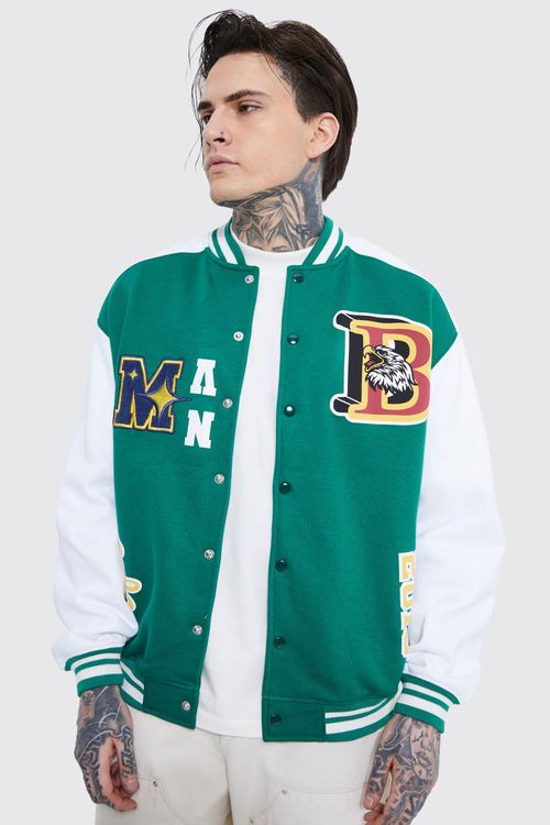 Boxy Pu Tonal Badge Varsity Jacket