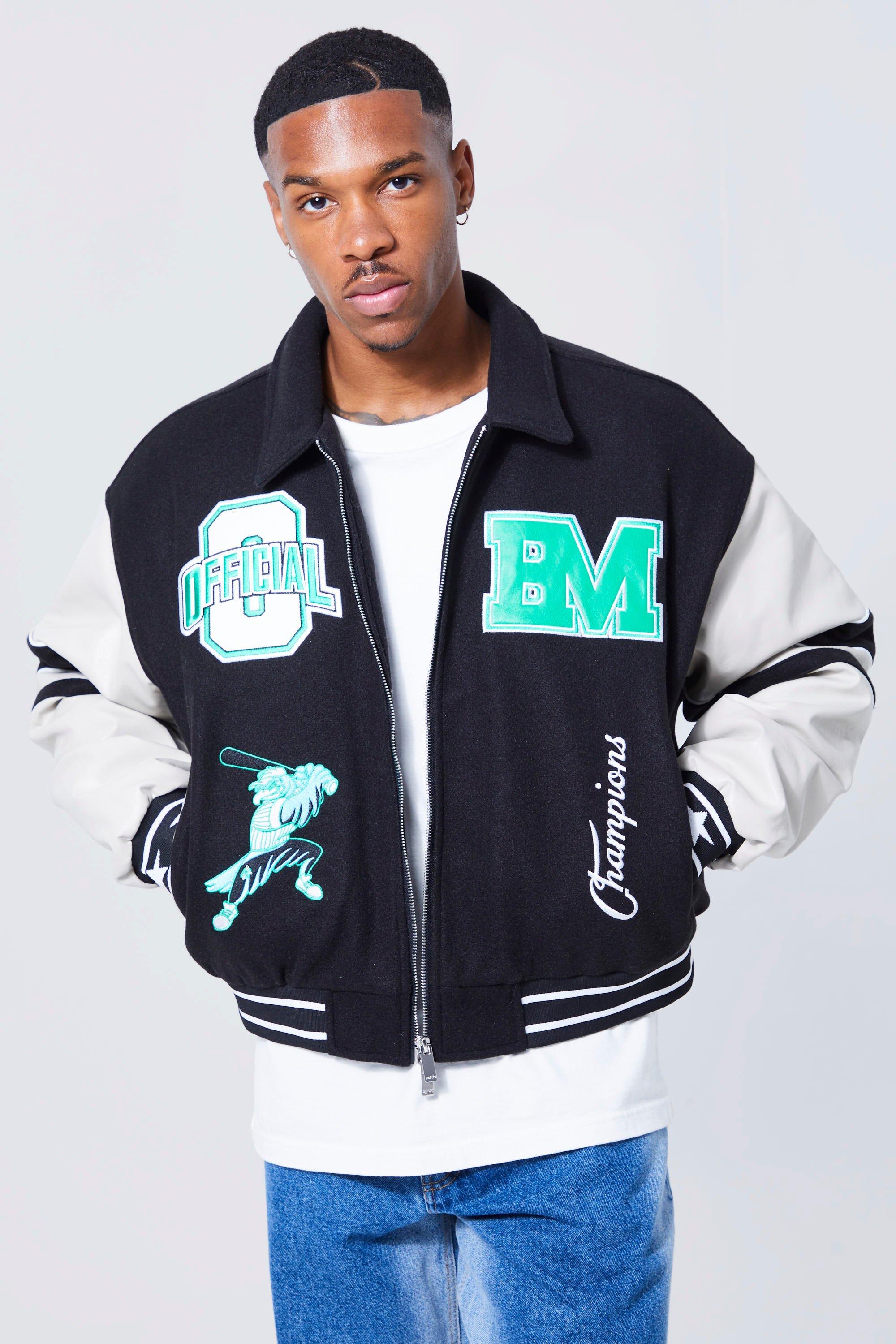 Men's Boxy Worldwide Melton Varsity Jacket - Black - Xs, Black