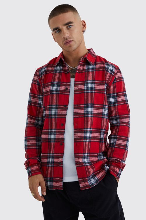 Mens Red Long Sleeve Tartan...