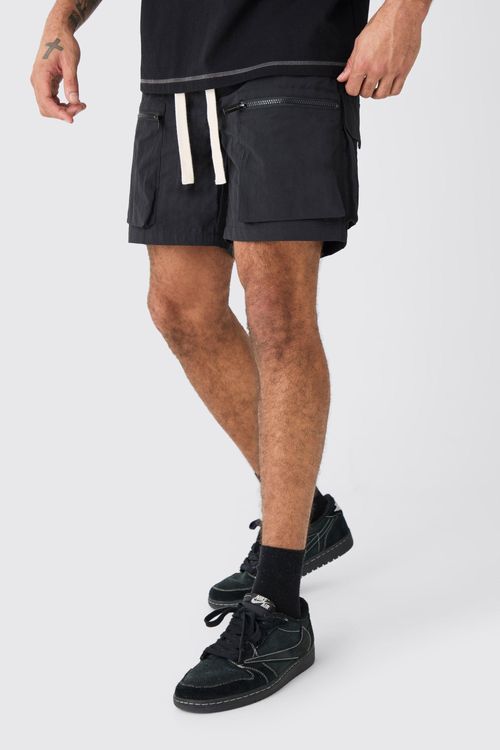 Mens Black Elastic Waist Crinkle Nylon Zip Cargo Short, Black, £15.40