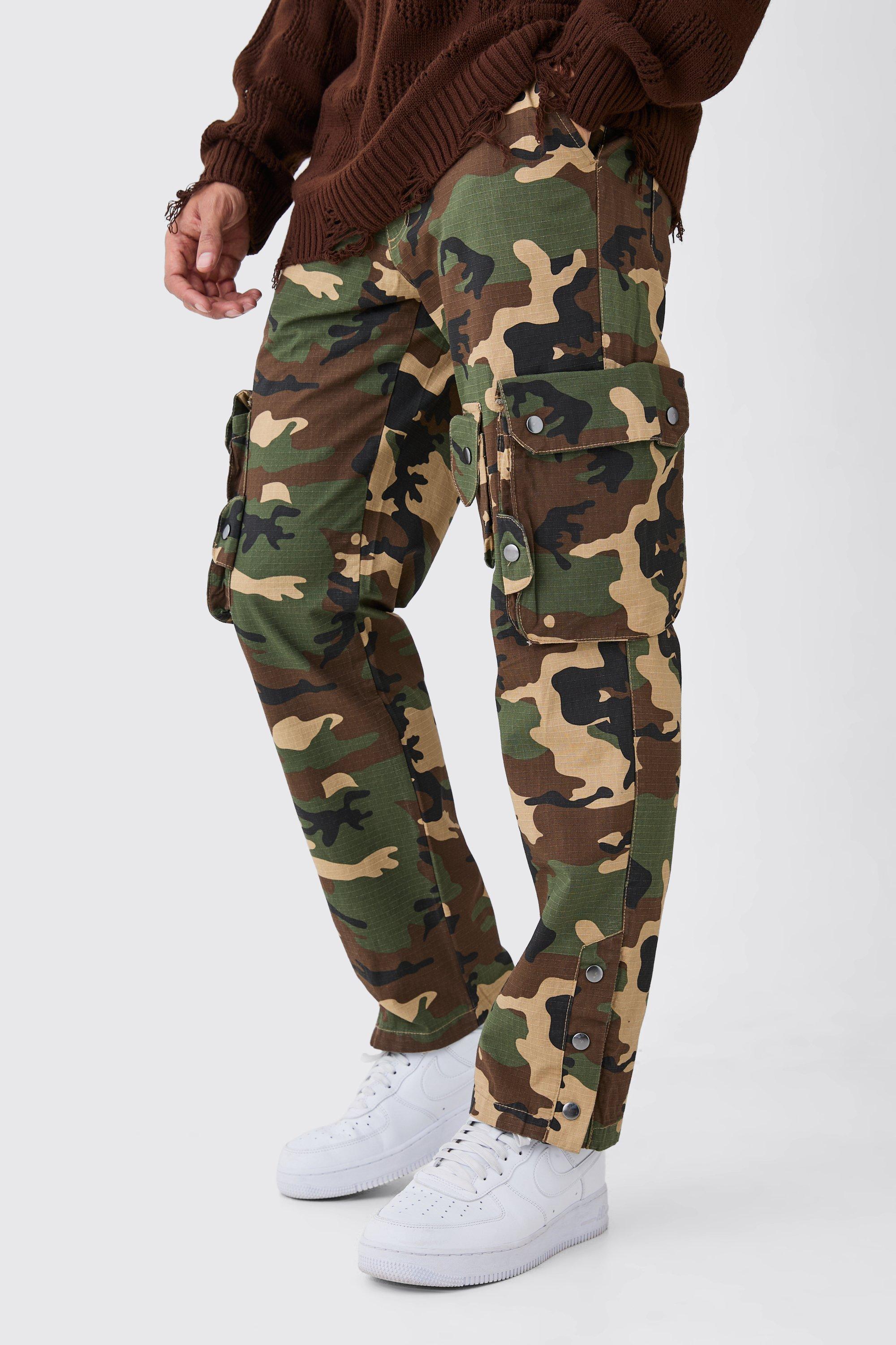 Mens Green Straight Leg 3d Cargo Camo Ripstop Trouser Green