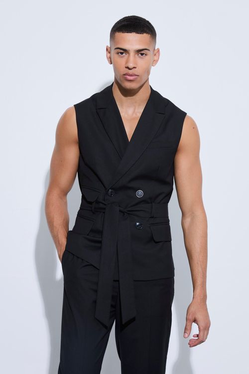 Mens Black Sleeveless Belted...