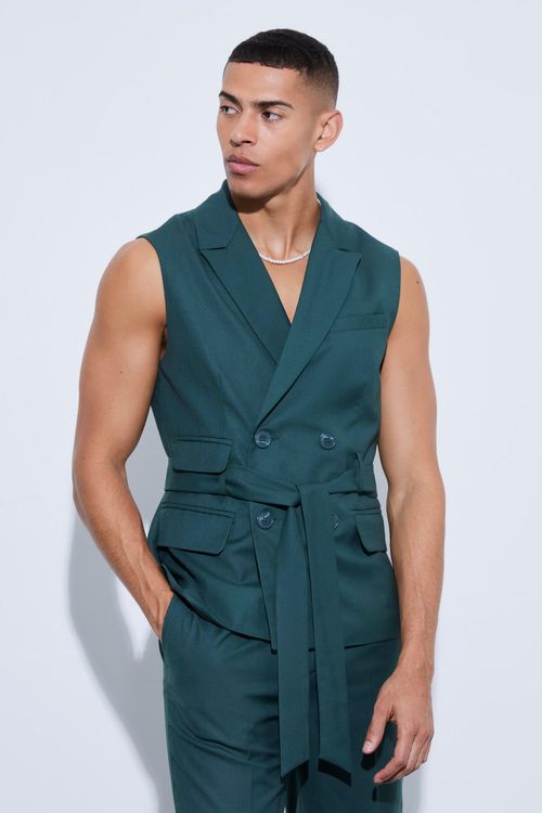 Mens Green Sleeveless Belted...