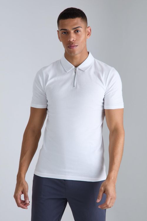 Mens White Muscle Zip Neck...