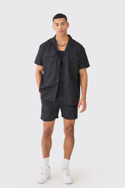 Mens Black Short Sleeve Linen...