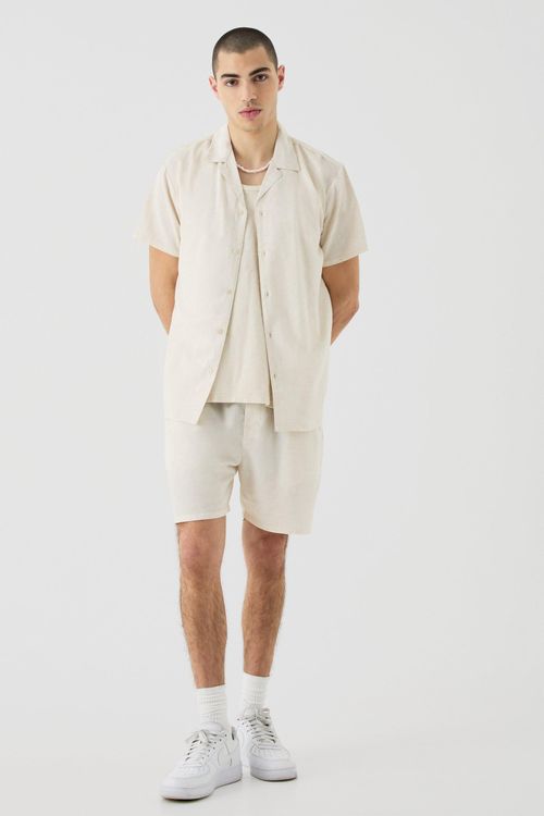 Mens Beige Short Sleeve Linen...