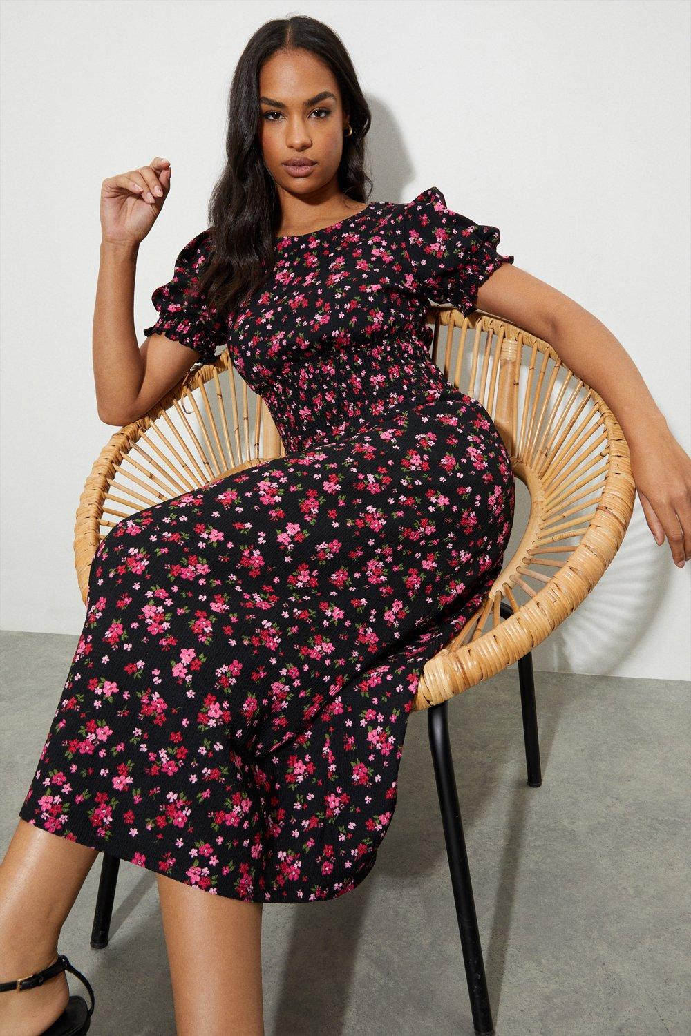 pink ditsy floral midi dress