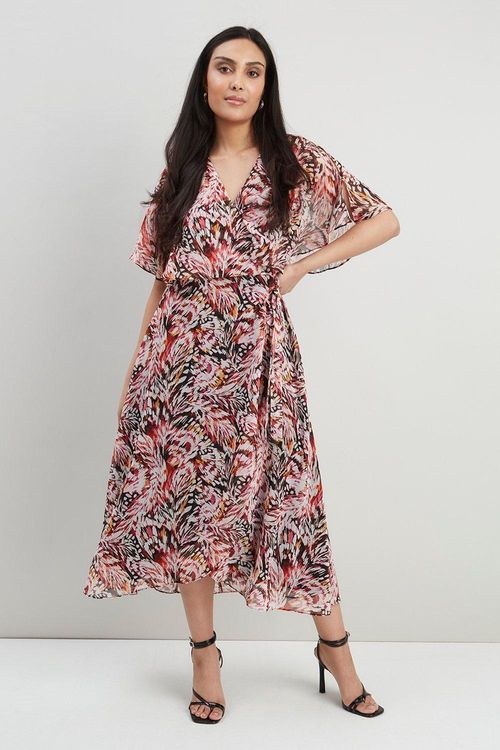 Women's Petite Ditsy Floral Angel Sleeve Wrap Midi Dress