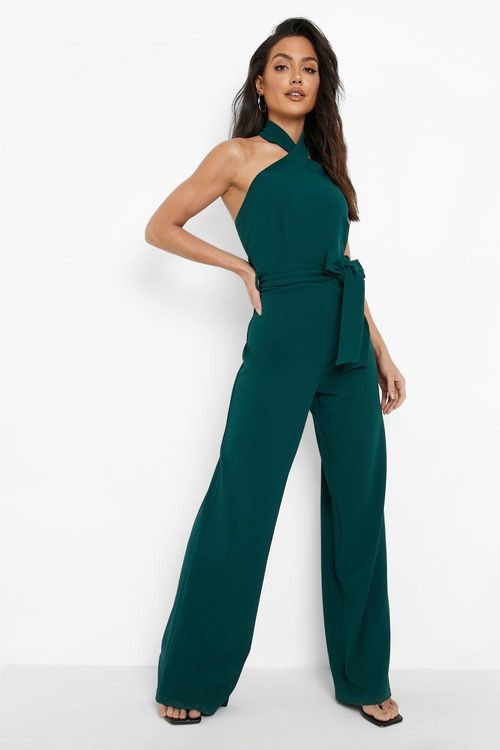 Tall Plisse Wrap Front Belted Wide Leg Jumpsuit