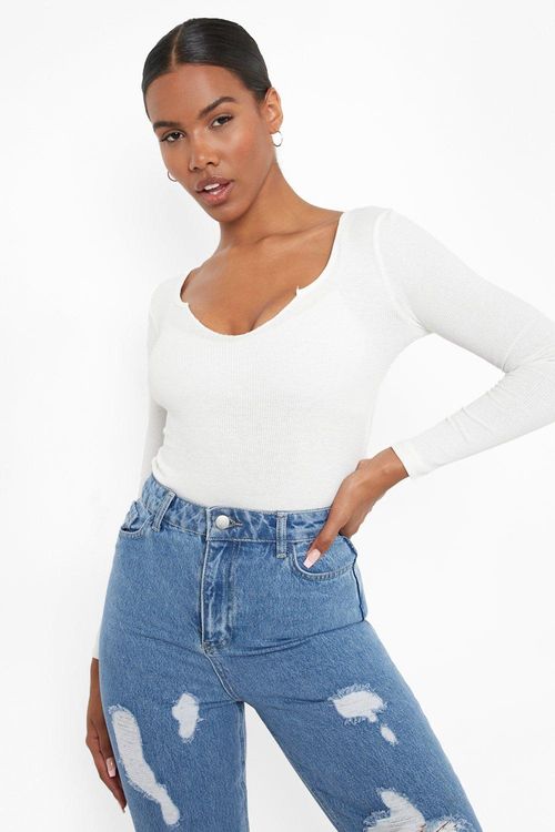 Cream Scoop Neck Long Sleeve Bodysuit, Tops