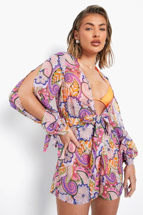 Womens Abstract Floral Chiffon Tie Beach Playsuit - Pink - S, Pink | £4.00  | Closer