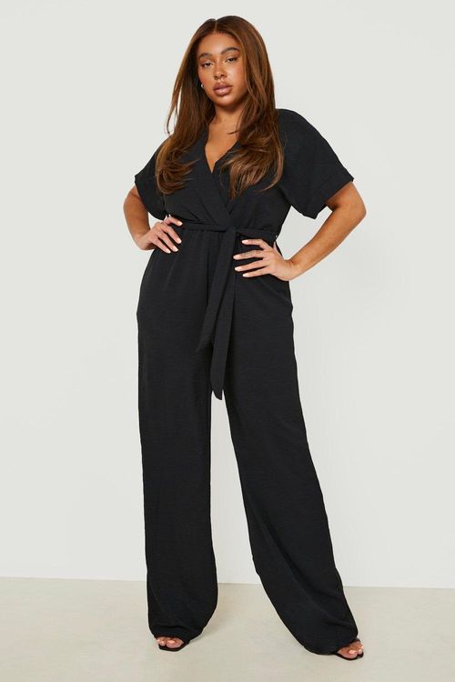 Plus Woven Textured Belted Wide Leg Trousers