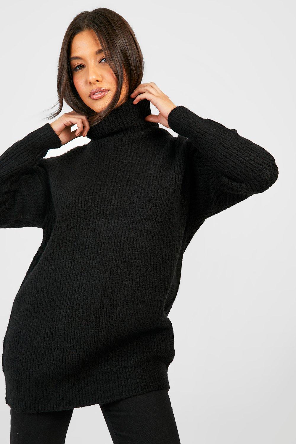 Womens Oversized Roll Polo Neck Knitted Jumper Black M L