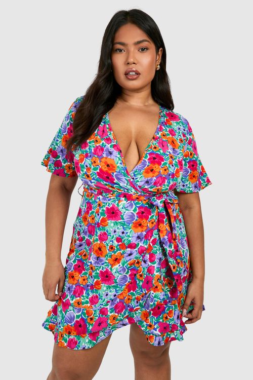 Plus Floral Ruffle Wrap Dress