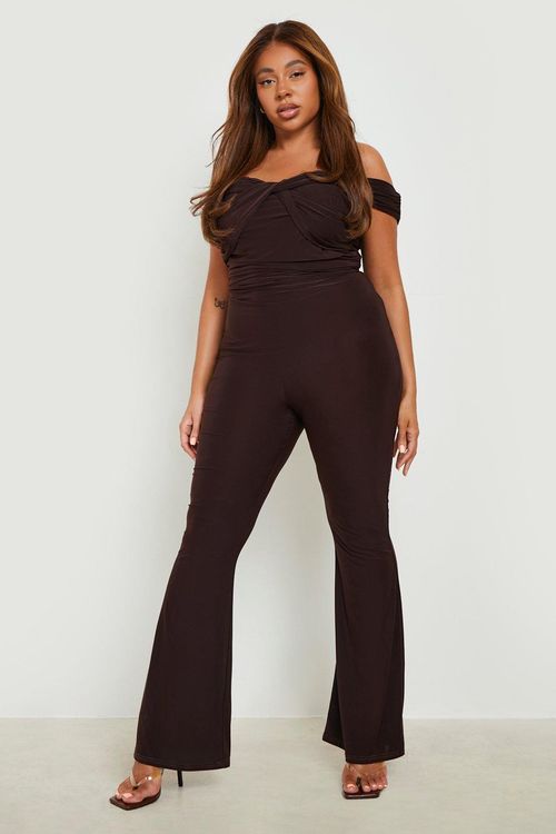 Brown Acetate Slinky Ruched Flared Pants