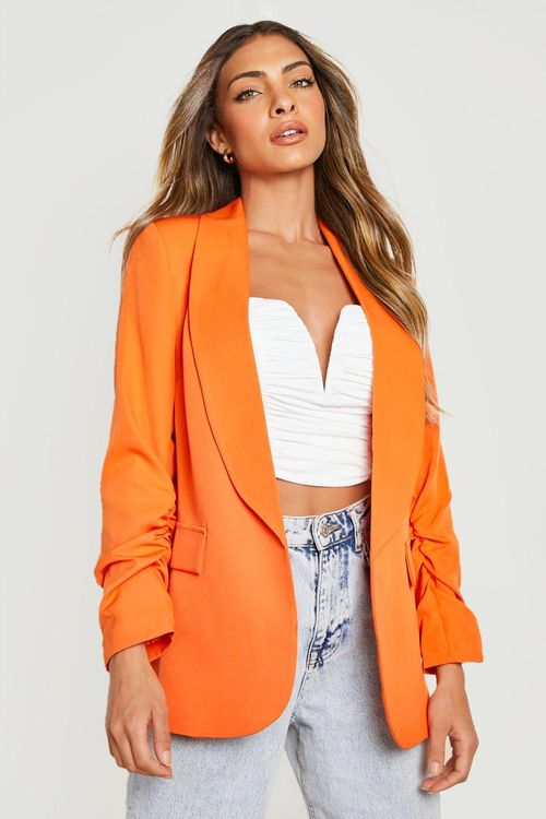 Basic Woven Ruched Sleeve Plunge Lapel Blazer