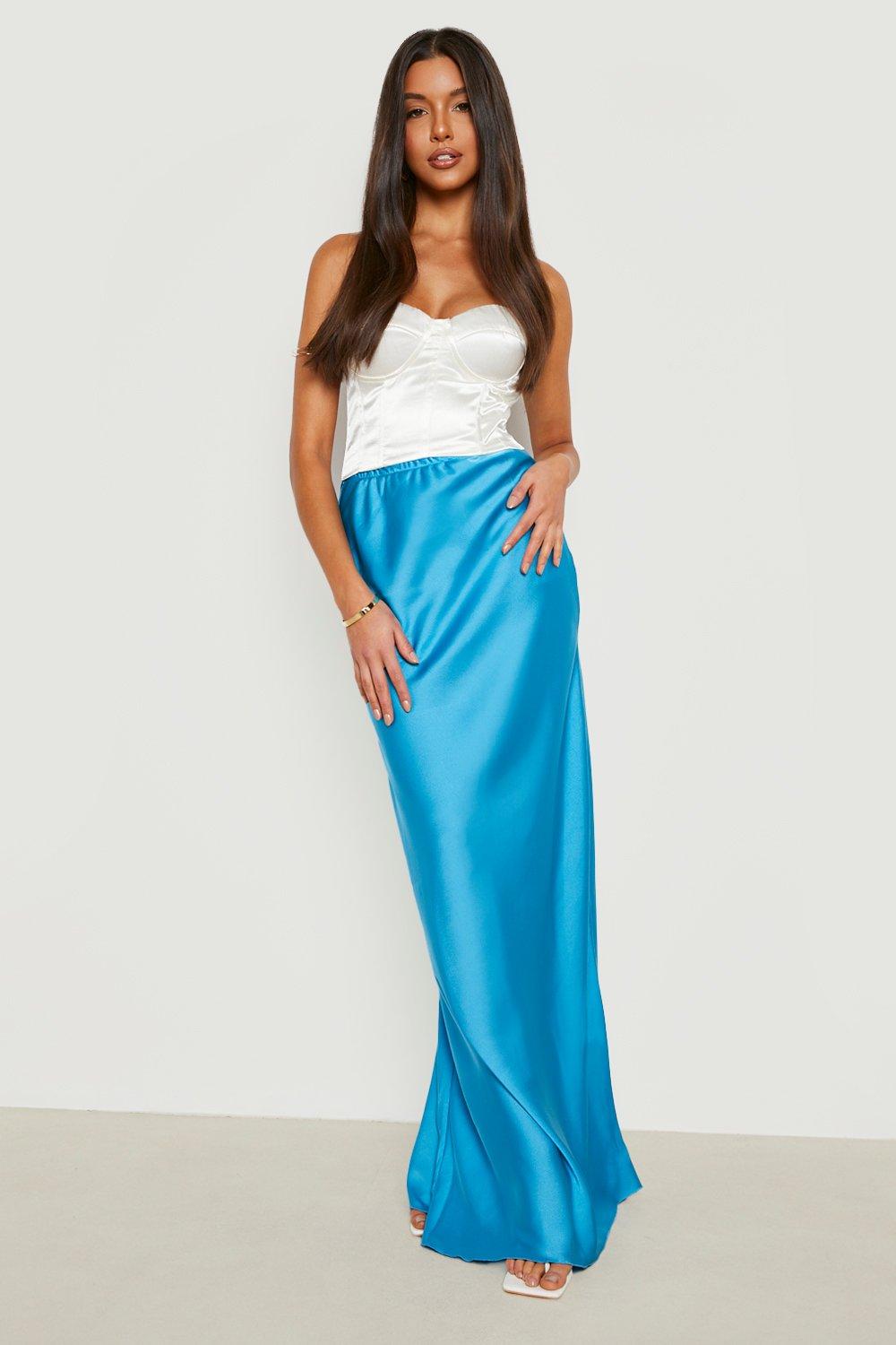 Teal satin bias maxi skirt cheap