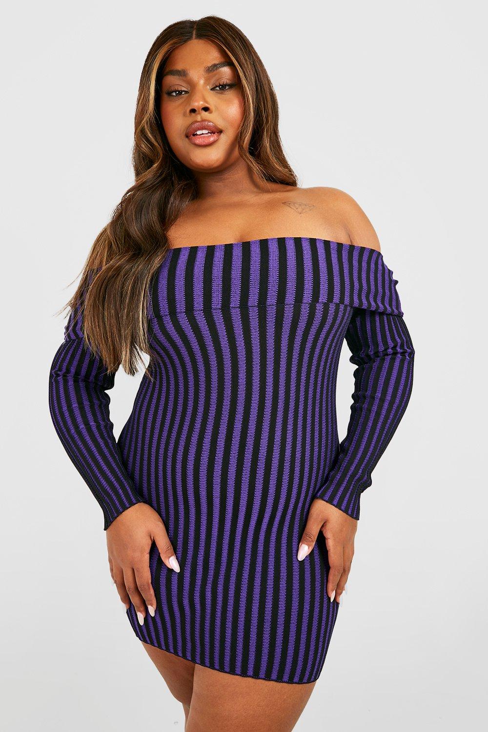Womens Plus Two Tone Rib Bardot Jumper Dress Purple 20 Purple