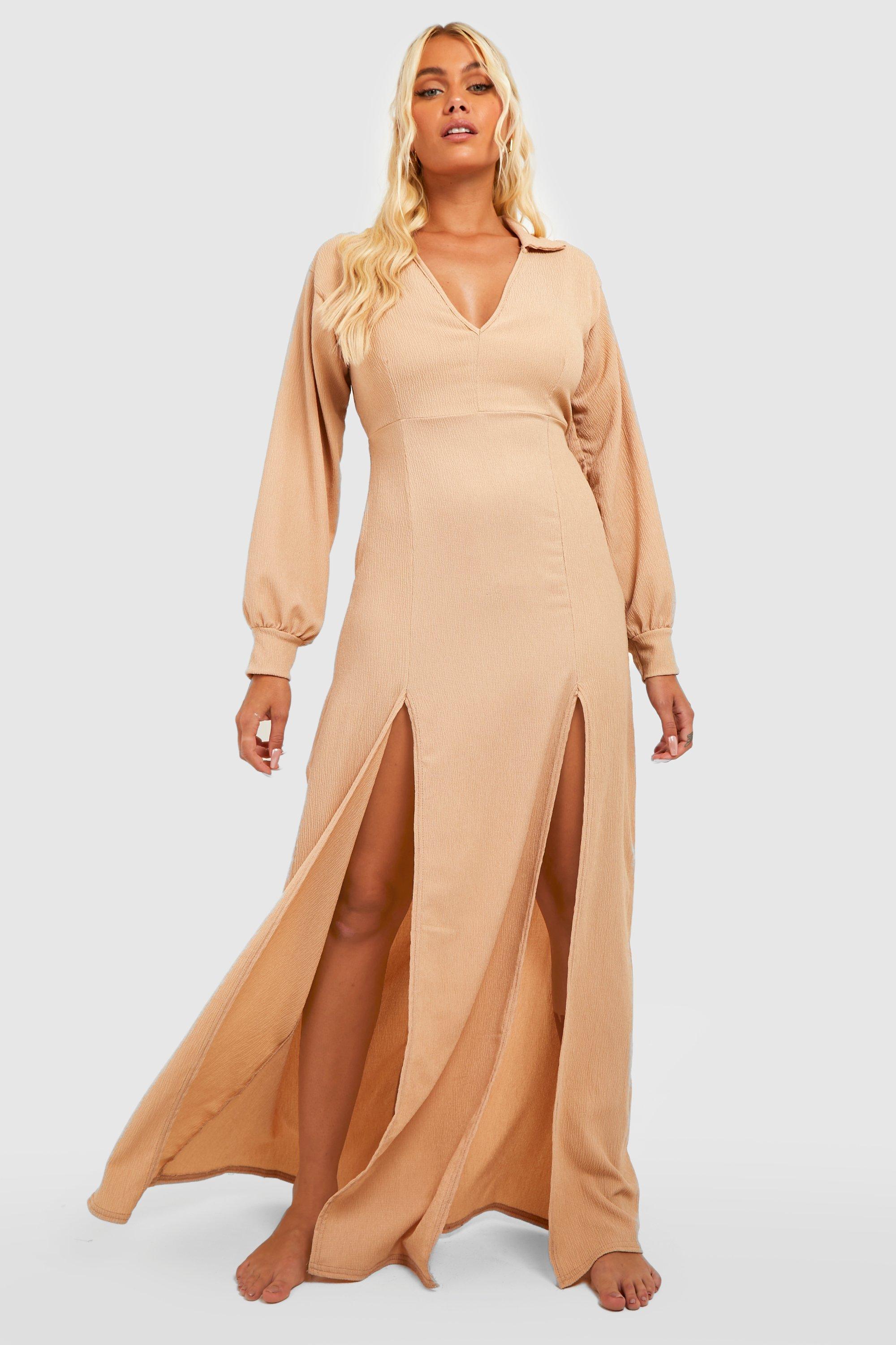 Womens Crinkle Split Maxi Beach Shirt Dress Beige M Beige
