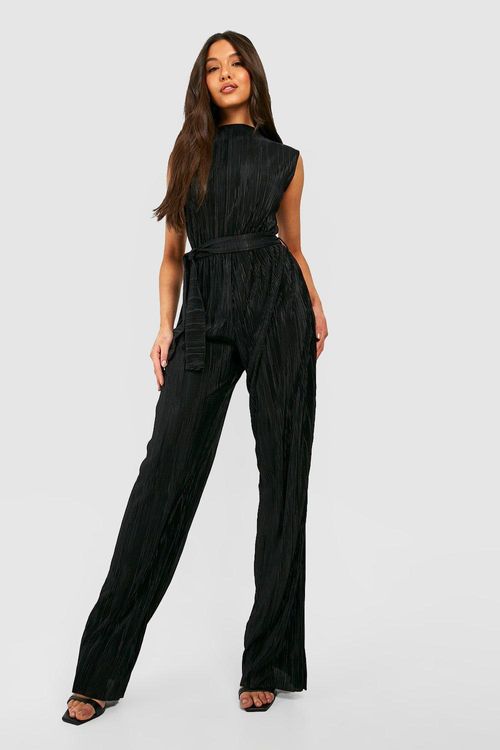 Tall Plisse Wrap Front Belted Wide Leg Jumpsuit