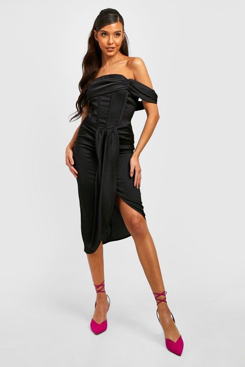 Satin Corset Off Shoulder Midi Dress