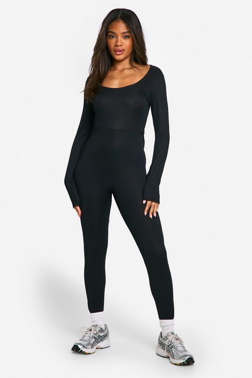 Basic Scoop Neck Rib Long Sleeve Unitard Jumpsuit