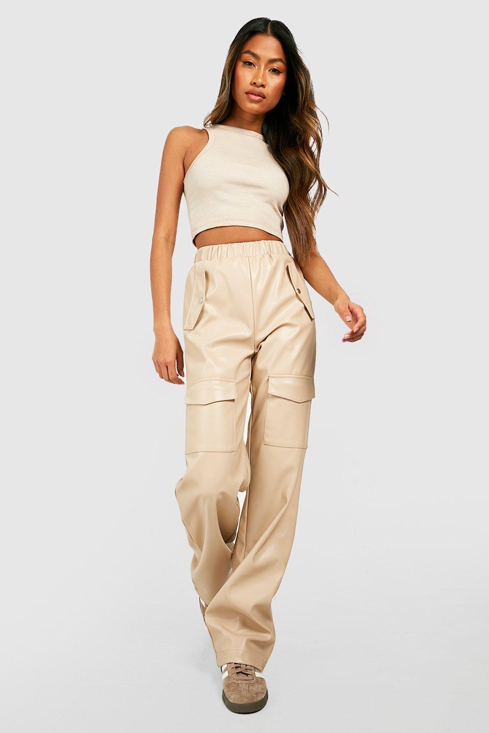 Beige Straight Leg Faux Leather Trousers With A Back Zip  MOE  SilkFred