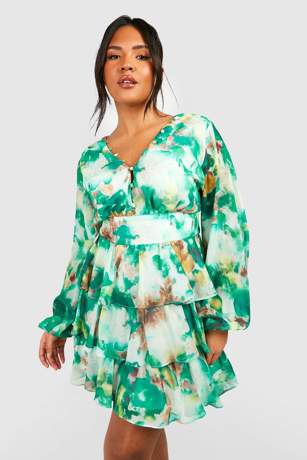 Womens Plus Printed Chiffon Ruffle Skater Dress Green 28