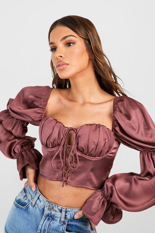 I Saw It First Satin Drape Puff Sleeve Corset Crop Top